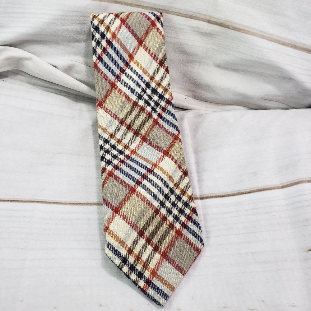 🌞SOLD🌞Vintage Rooster Ruffler Collection Plaid Wool Tie Necktie Red Blue Beige - Picture 8 of 8